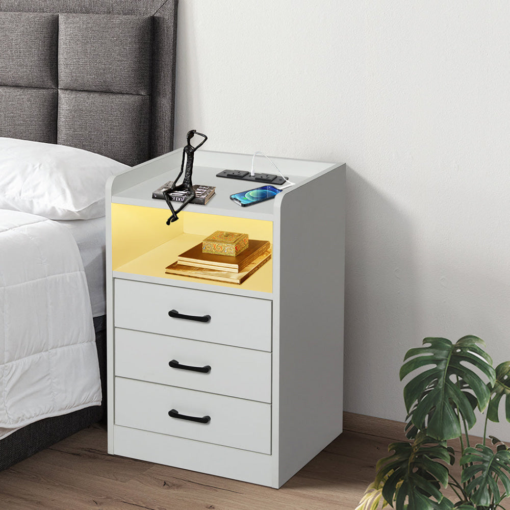 Bedside Table With USB Charging Outlets LED Lights And 3 Drawers - White Fast shipping On sale