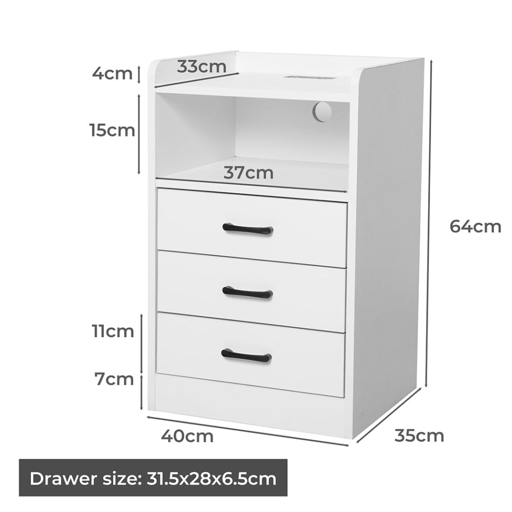 Bedside Table With USB Charging Outlets LED Lights And 3 Drawers - White Fast shipping On sale