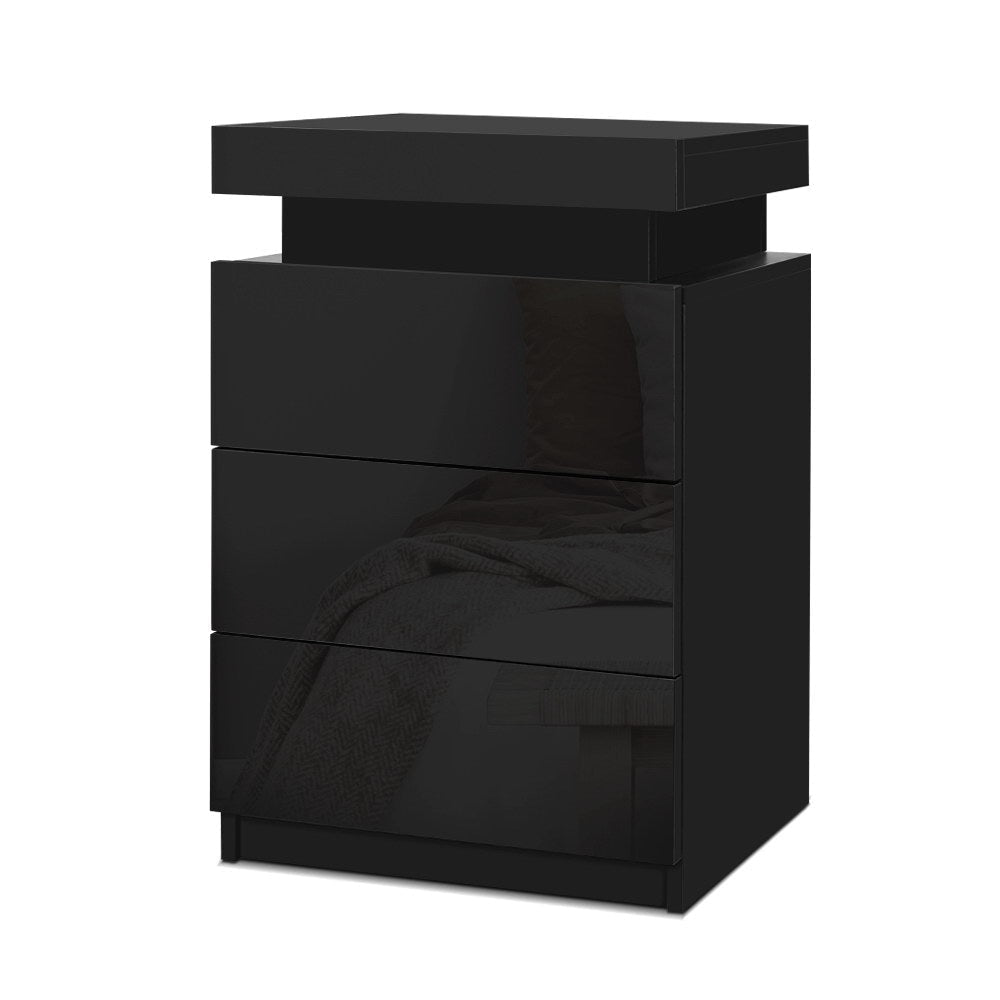 Bedside Tables Side Table 3 Drawers RGB LED High Gloss Nightstand Black Fast shipping On sale