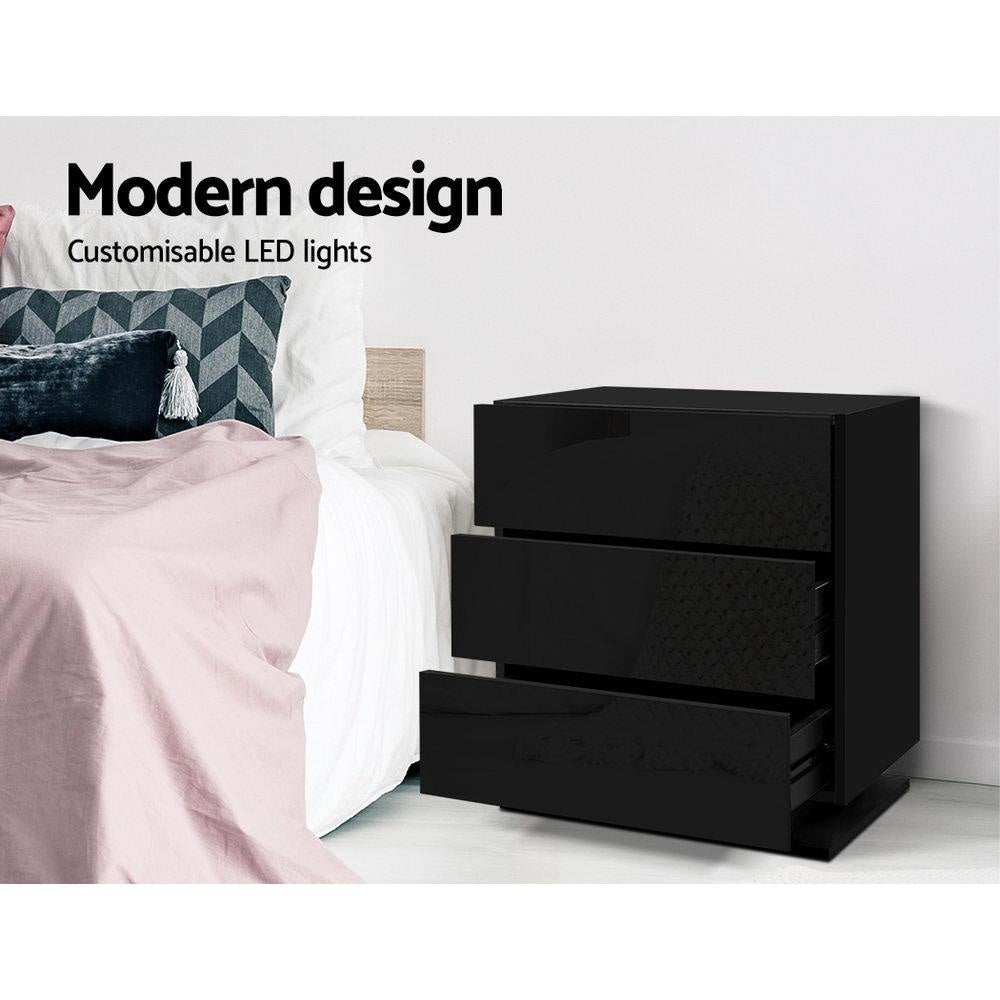Bedside Tables Side Table RGB LED Lamp 3 Drawers Nightstand Gloss Black Fast shipping On sale