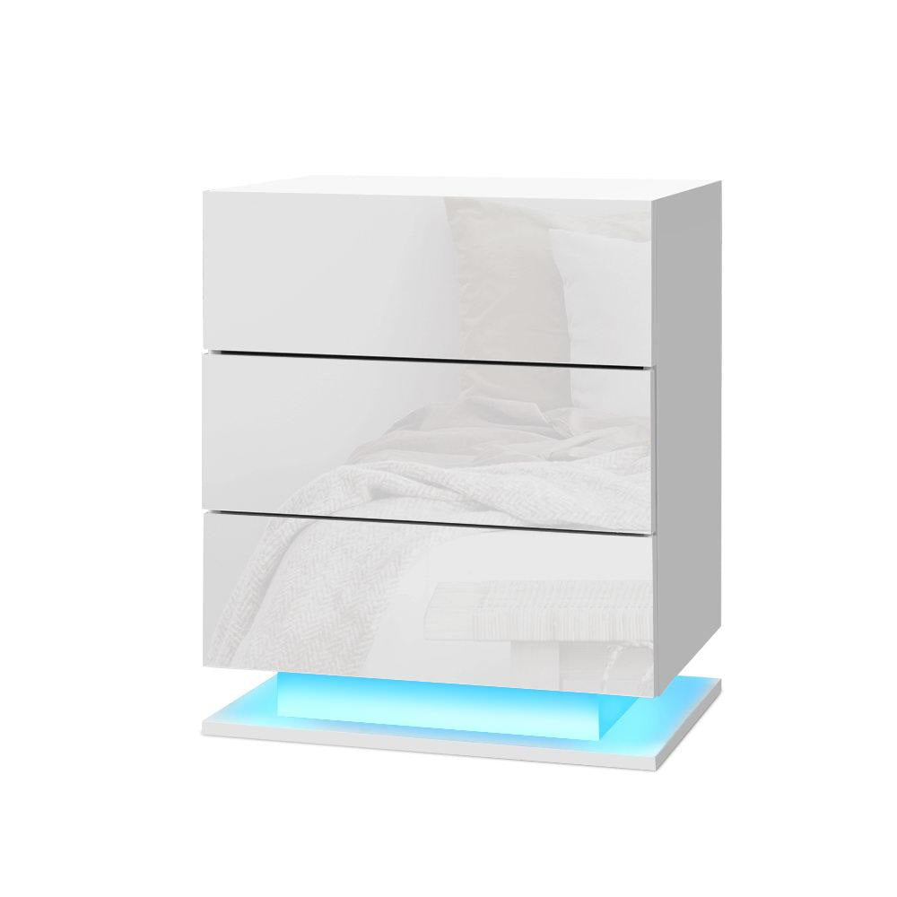 Bedside Tables Side Table RGB LED Lamp 3 Drawers Nightstand Gloss White Fast shipping On sale