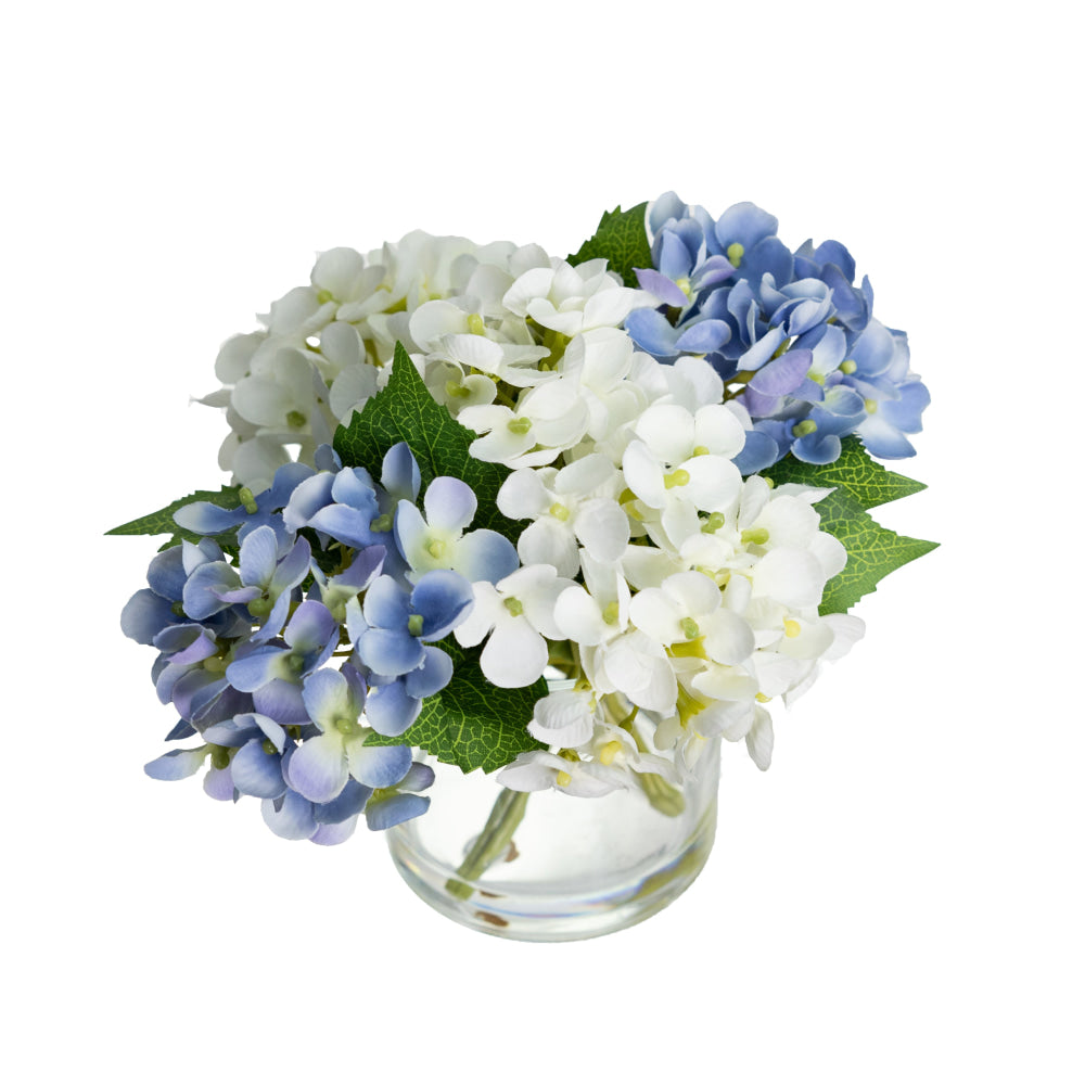 Blue & White Hydrangea Artificial Fake Plant Decorative Mixed Arragement 18cm In Glass Fast shipping On sale