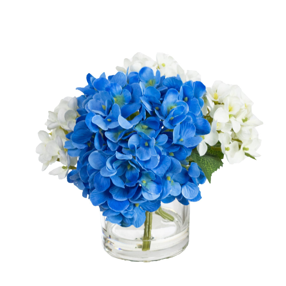 Blue & White Hydrangea Artificial Fake Plant Decorative Mixed Arragement 18cm In Glass Fast shipping On sale