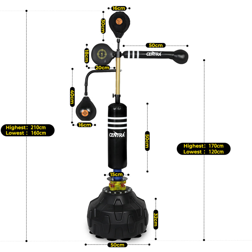 Adjustable Free-Standing Boxing Speed Ball Trainer – 360° Reflex Bar Dual Balls Shock Absorption Base Reaction Training (Black) Sports &