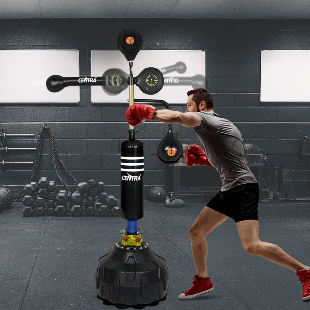 Adjustable Free-Standing Boxing Speed Ball Trainer – 360° Reflex Bar Dual Balls Shock Absorption Base Reaction Training (Black) Sports &