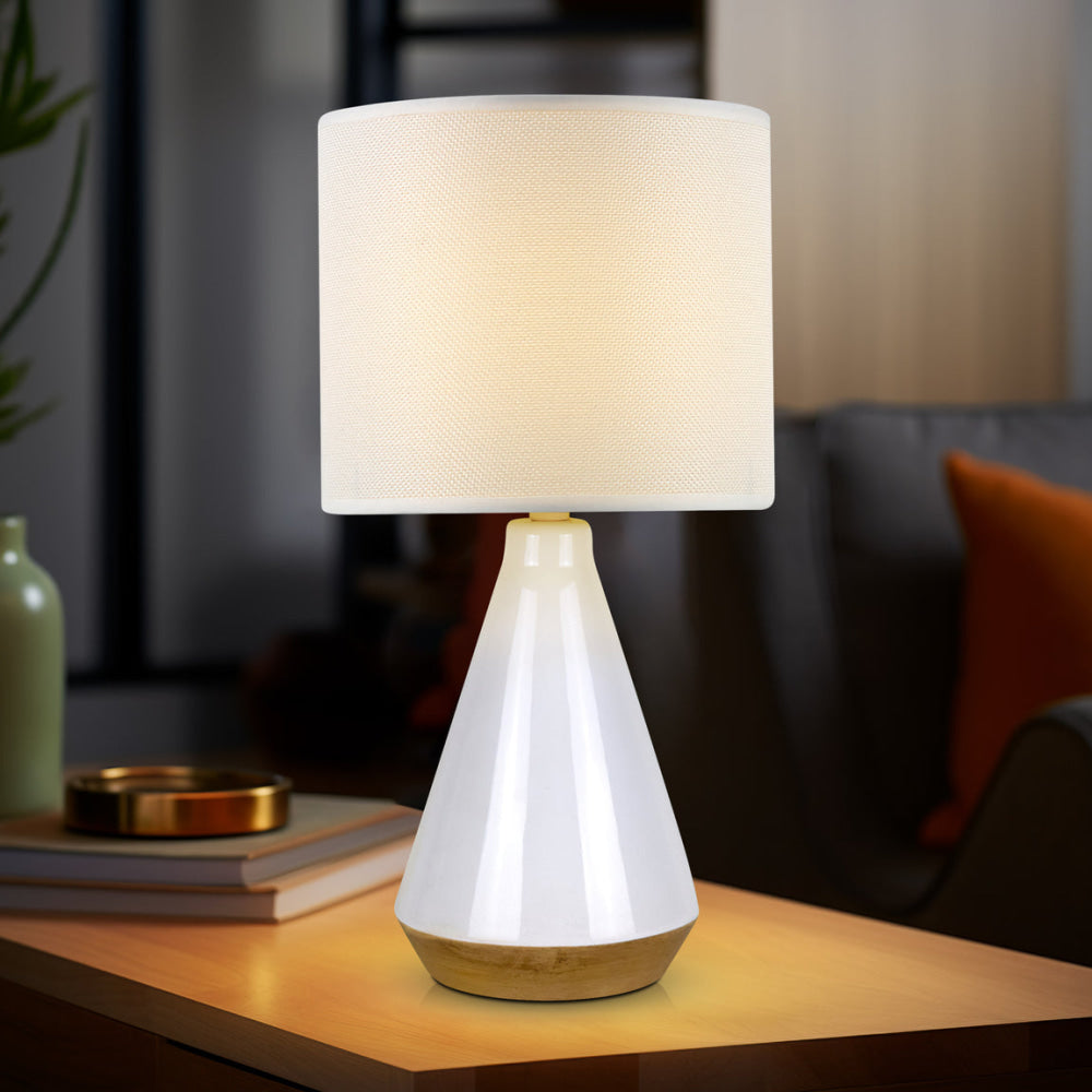 Brego Contemporary Modern Tapered Ceramic Table Lamp Light Triangle Base Linen Drum Shade - White Fast shipping On sale