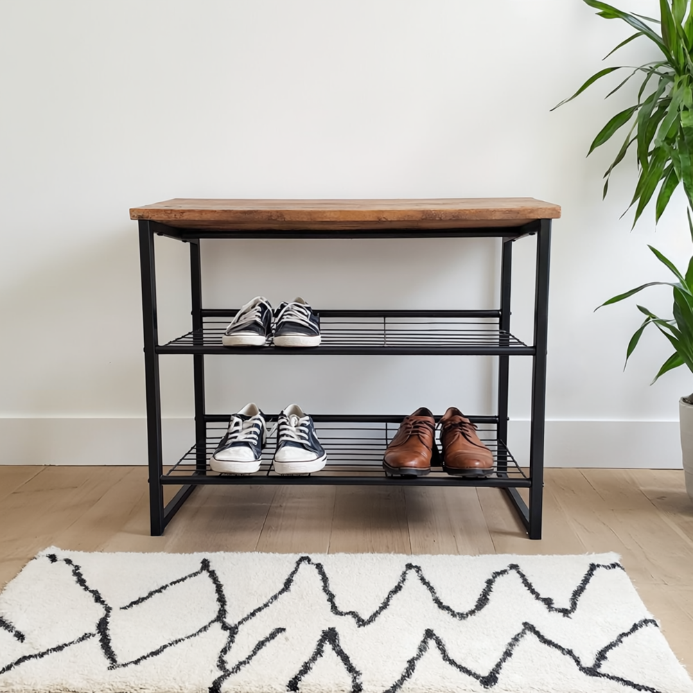 3-Tier Black and Wood Shoe Rack - Compact Carbon Steel Storage Organizer Cabinet Fast shipping On sale