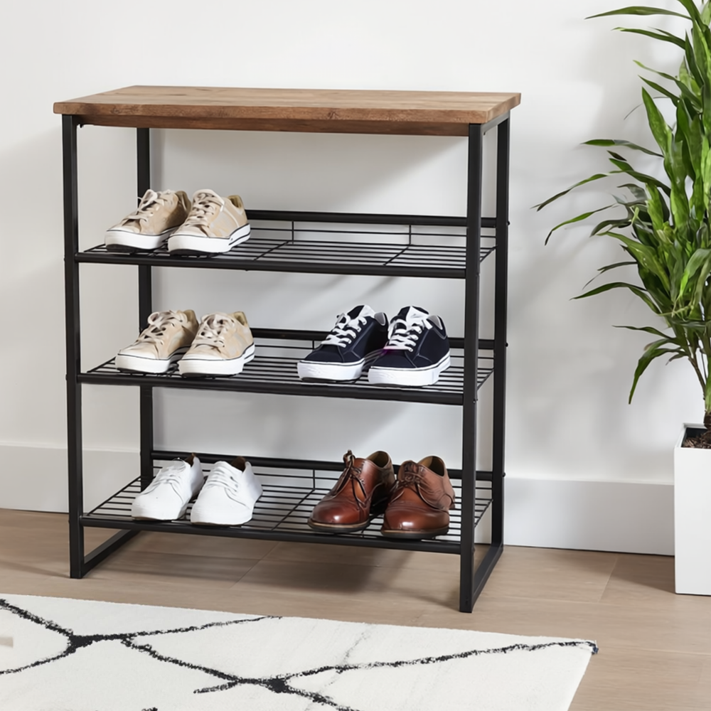 4-Tier Black and Wood Shoe Rack - Modern Carbon Steel Storage Organizer Cabinet Fast shipping On sale
