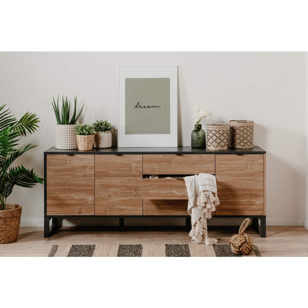 Caleb Wooden Sideboard Buffet Unit Storage Cabinet W/ 3-Drawers 3-Doors Bamboo/Black & Fast shipping On sale