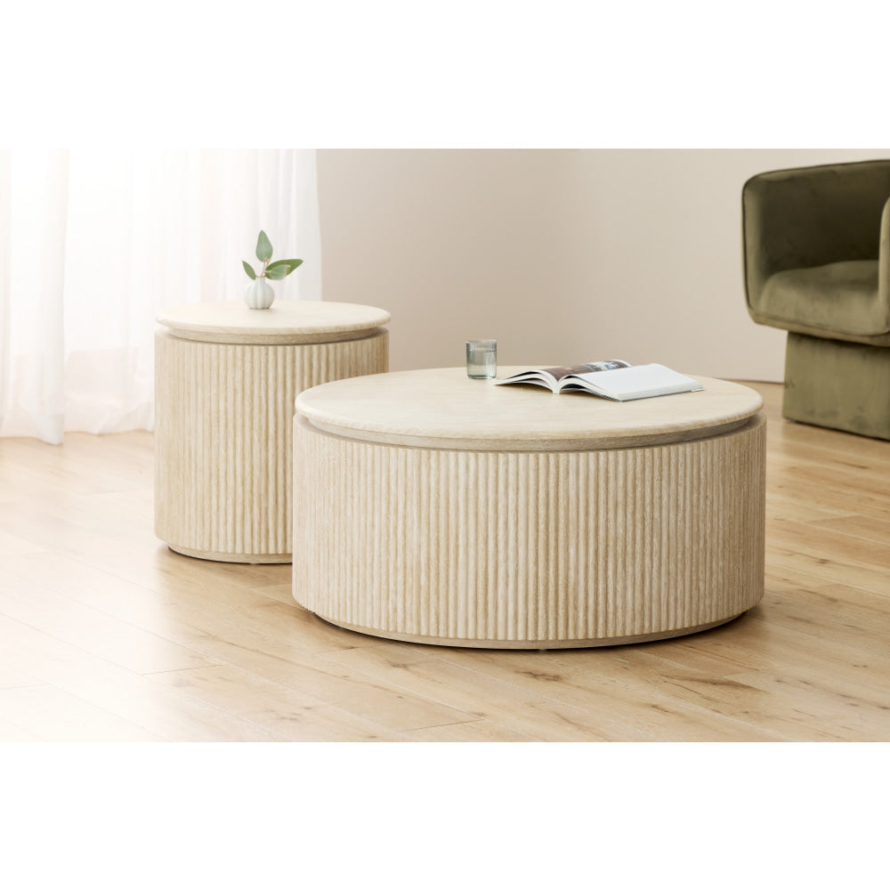 Cameo Faux Marble Wooden Frame Round Modern Coffee Table Travertine Fast shipping On sale