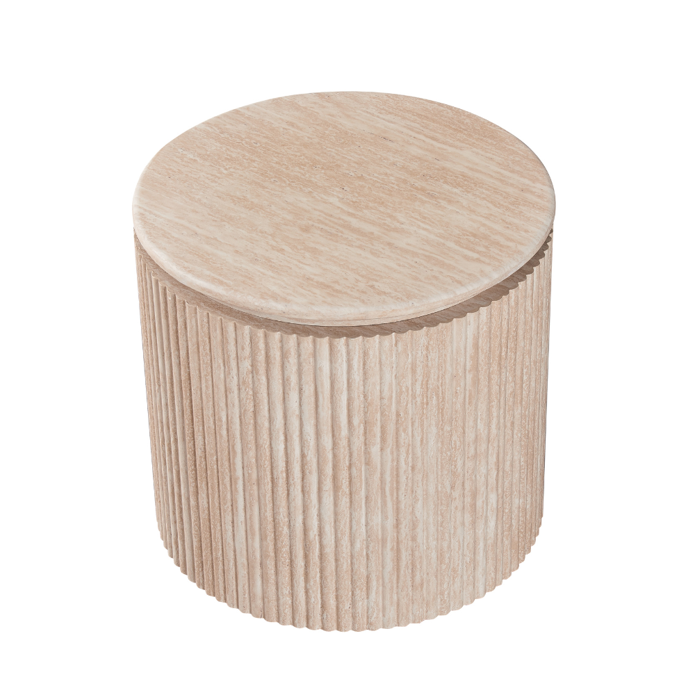 Cameo Faux MarbleWooden Frame Round Modern End Lamp Side Table Travertine Fast shipping On sale