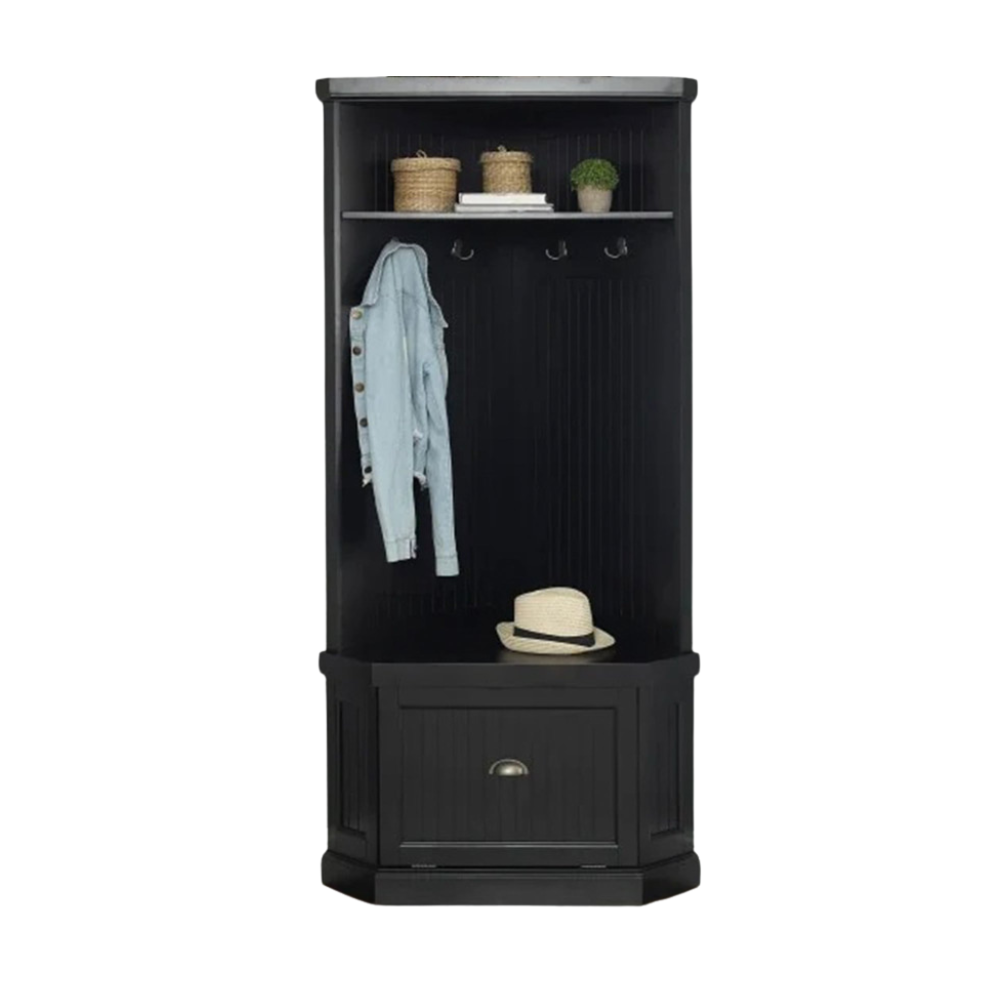Carlo Corner Hall Tree Coat Rack Shoe cabinet Distressed Black Fast shipping On sale