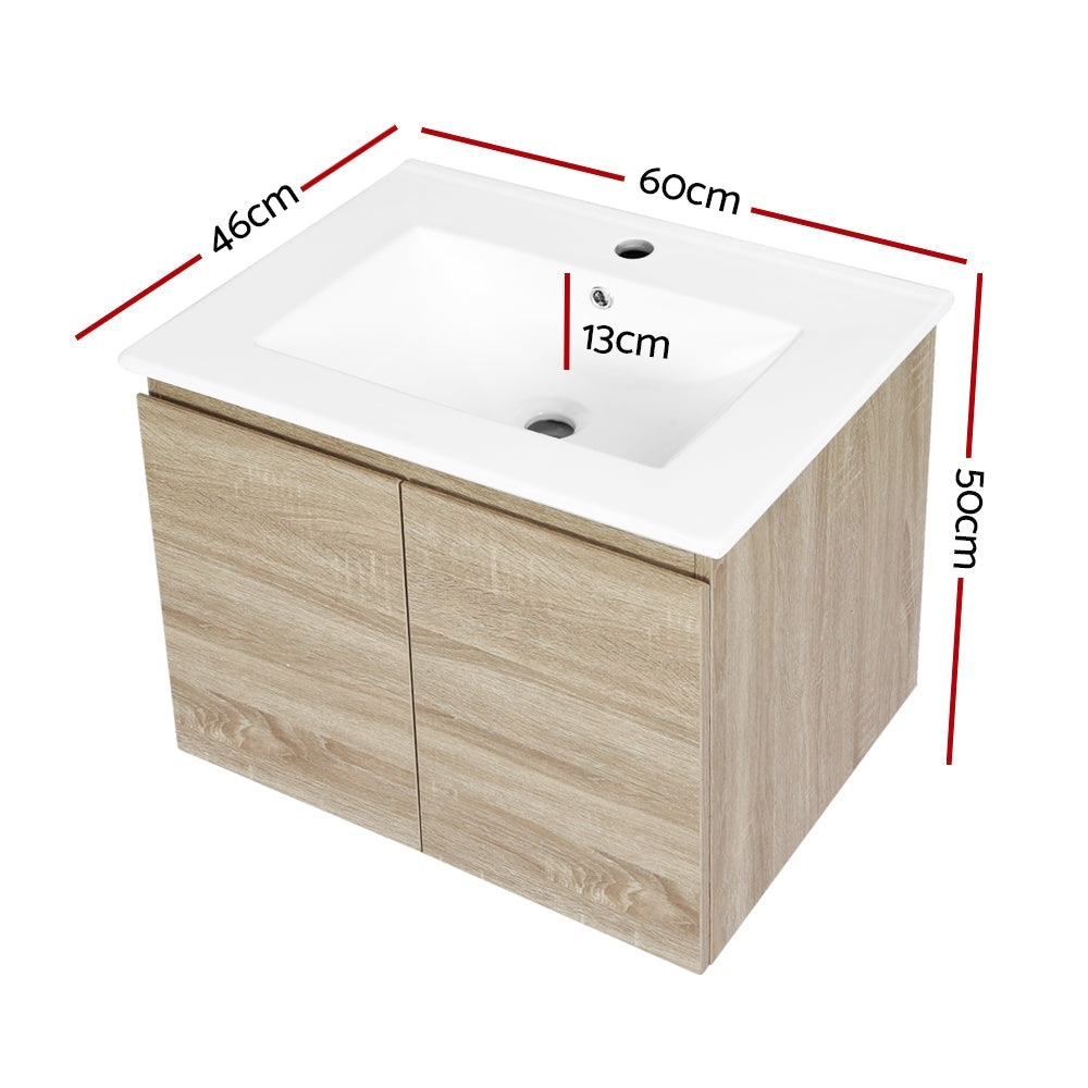 Cefito Vanity Unit Basin Cabinet Storage Bathroom Wall Mounted Ceramic 600mm Oak Furniture Fast shipping On sale