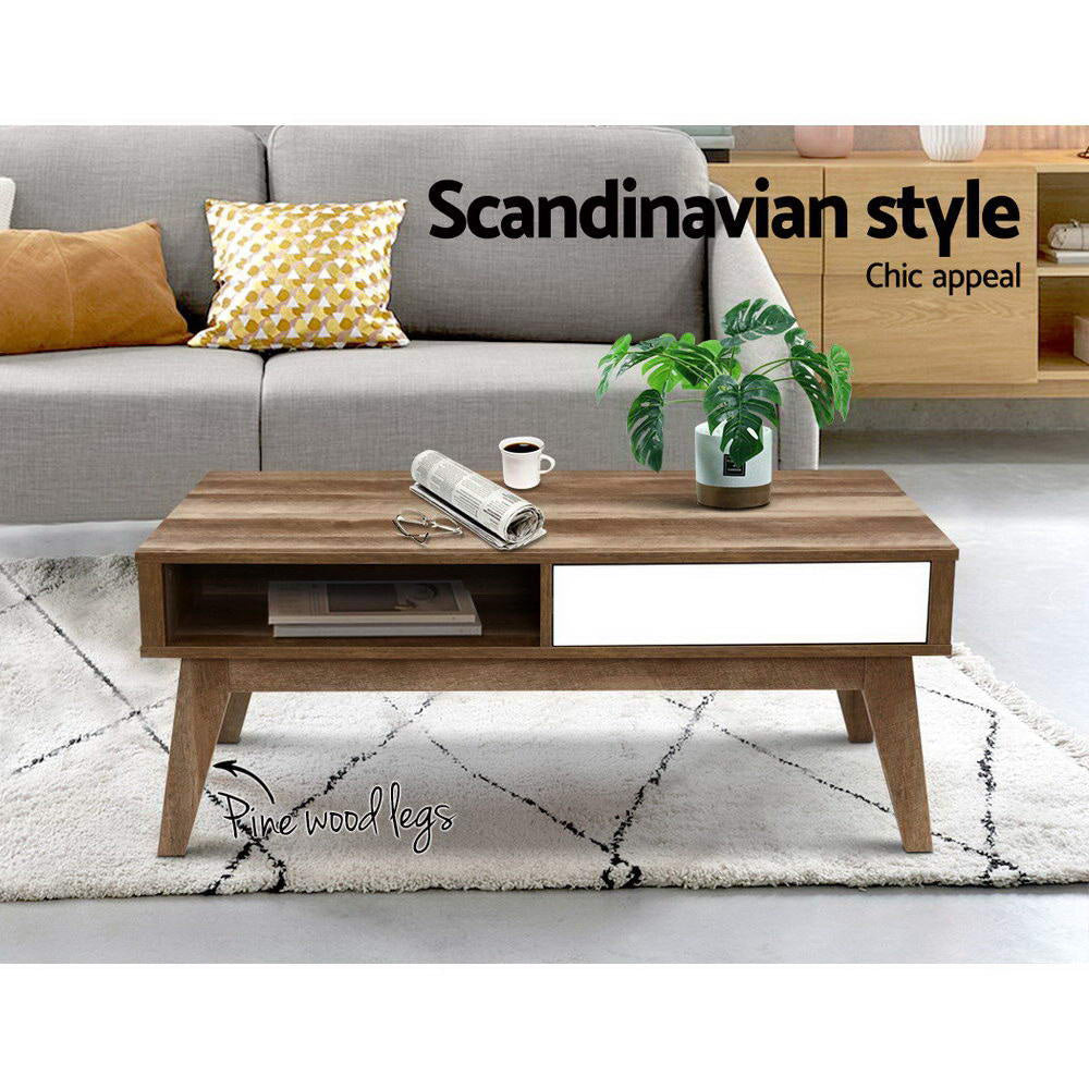 Coffee Table 2 Storage Drawers Open Shelf Scandinavian Wooden White Fast shipping On sale
