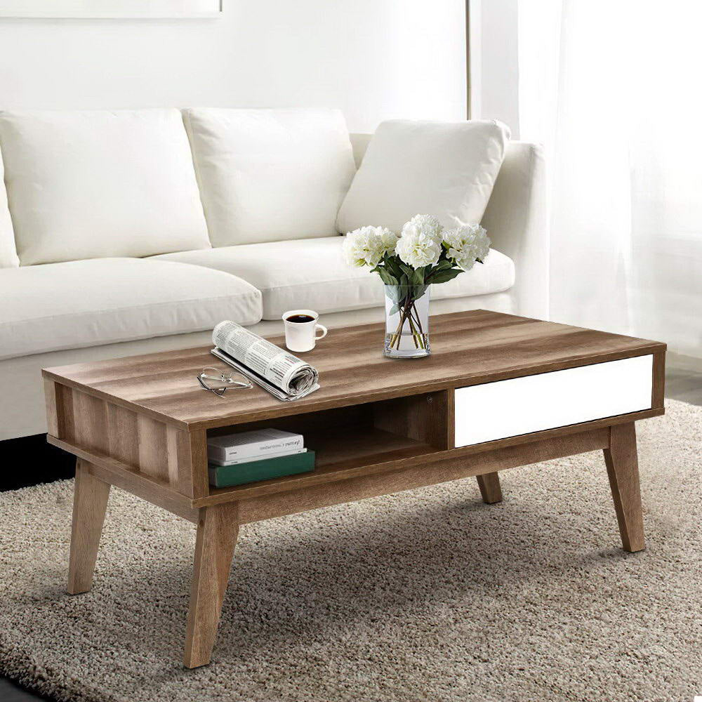 Coffee Table 2 Storage Drawers Open Shelf Scandinavian Wooden White Fast shipping On sale
