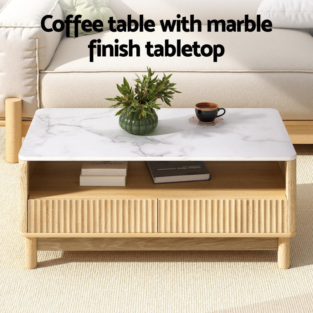 Coffee Table Drawer Shelf Marble Effect Wood&White Fast shipping On sale