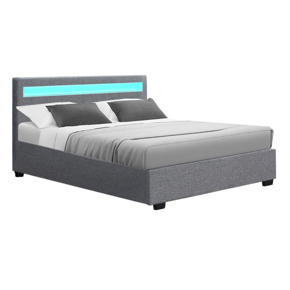Cole LED Bed Frame Fabric Gas Lift Storage - Grey Double Fast shipping On sale