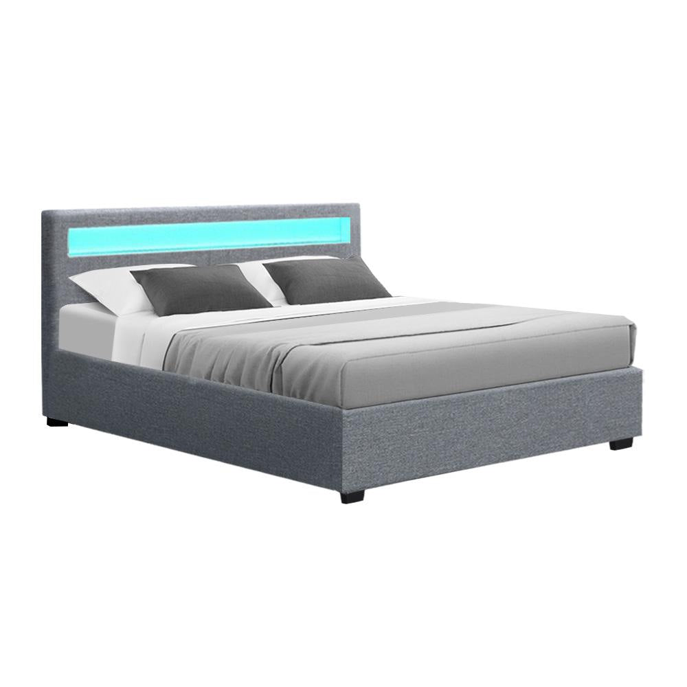 Cole LED Bed Frame Fabric Gas Lift Storage - Grey Queen Fast shipping On sale
