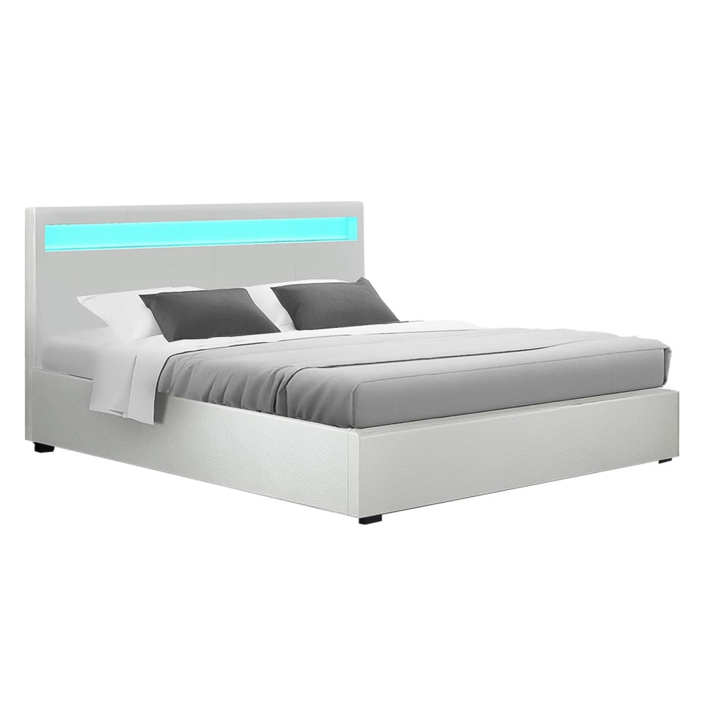Cole LED Bed Frame PU Leather Gas Lift Storage - White Double Fast shipping On sale
