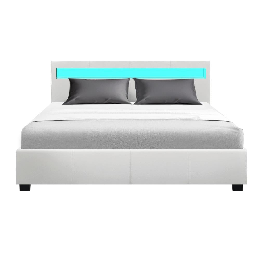 Cole LED Bed Frame PU Leather Gas Lift Storage - White Queen Fast shipping On sale