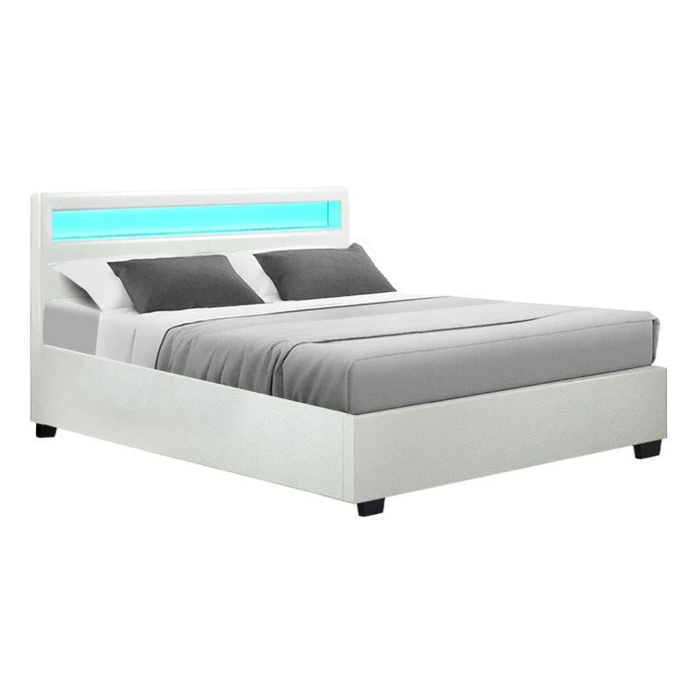 Cole LED Bed Frame PU Leather Gas Lift Storage - White Queen Fast shipping On sale