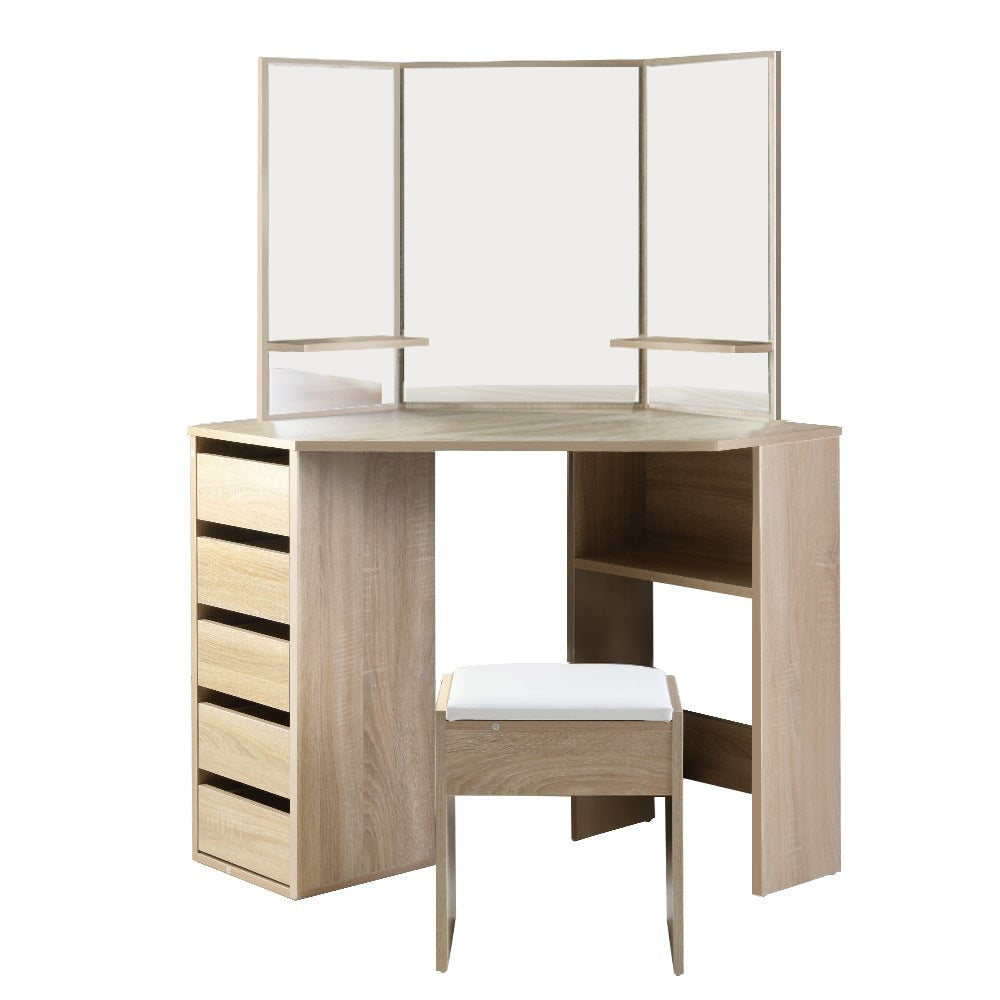 Corner Dressing Table Mirror Stool Set Makeup Vanity Desk Chair Oak Fast shipping On sale