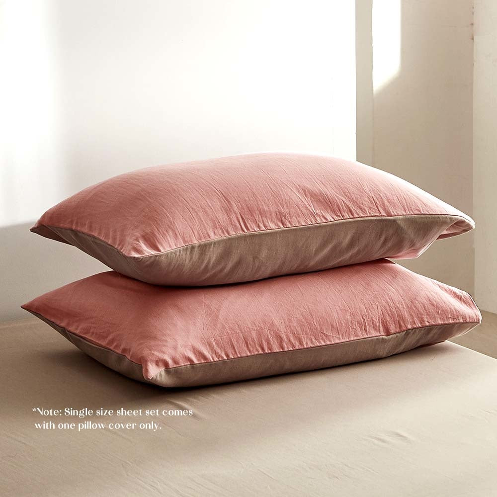 Cosy Club Washed Cotton Sheet Set Pink Brown Double Bed Fast shipping On sale