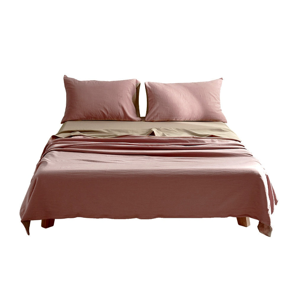Cosy Club Washed Cotton Sheet Set Pink Brown Double Bed Fast shipping On sale