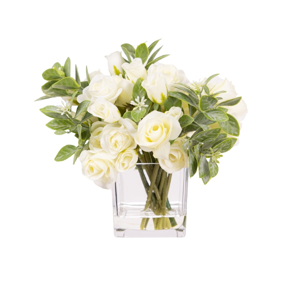 Cream Mini Rose Artificial Fake Plant Decorative Arrangement 20cm In Glass Fast shipping On sale