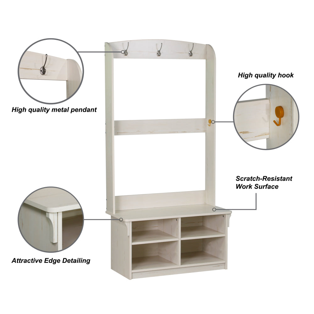 Crosley 4 Shelves Hall Tree Coat Rack Shoe Cabinet Antique White Fast shipping On sale