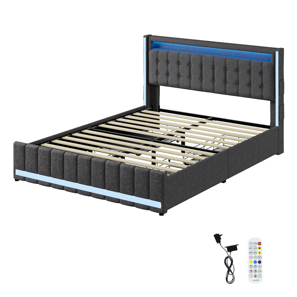 Double Bed Frame with Storage Drawers USB Ports Power Outlets & LED Lights – Linen Upholstery (Grey) Fast shipping On sale