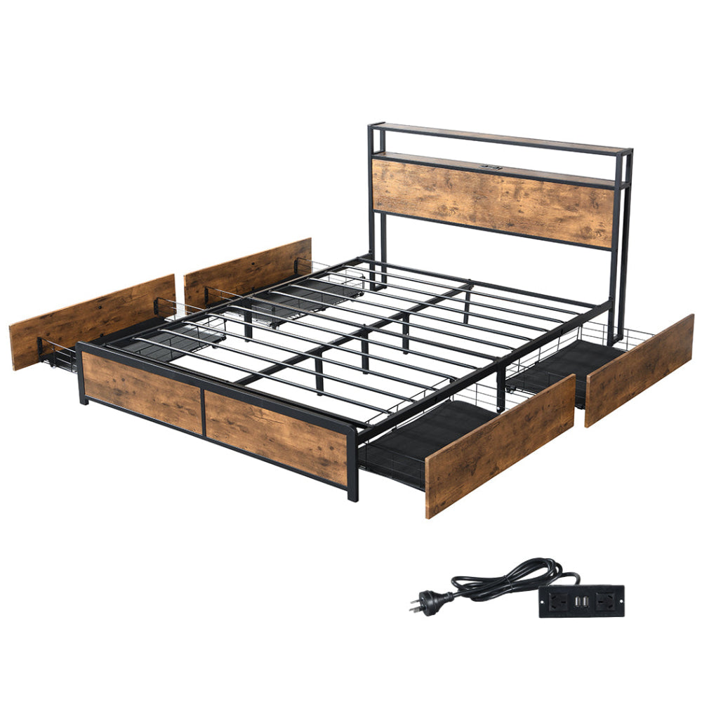 Double Bed Frame With RGB LED Lights 4 Drawers USB Ports And Headboard Storage - Brown Fast shipping On sale