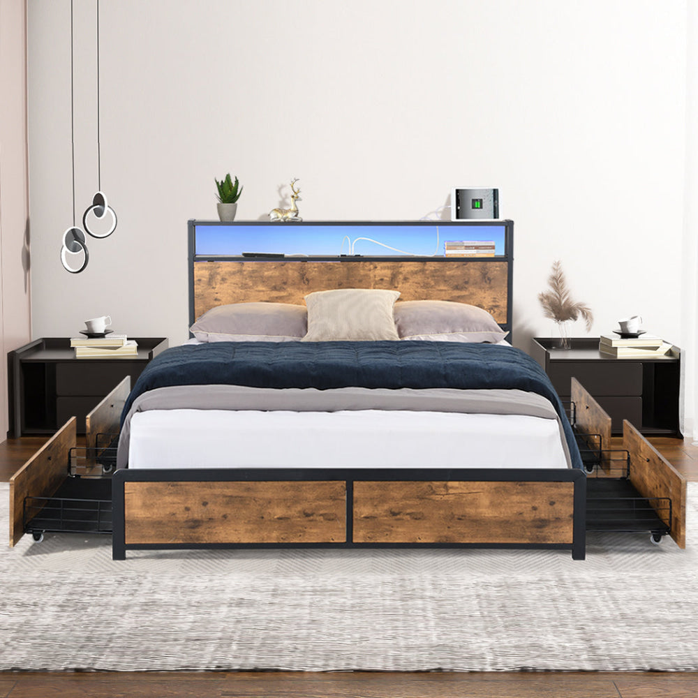 Double Bed Frame With RGB LED Lights 4 Drawers USB Ports And Headboard Storage - Brown Fast shipping On sale