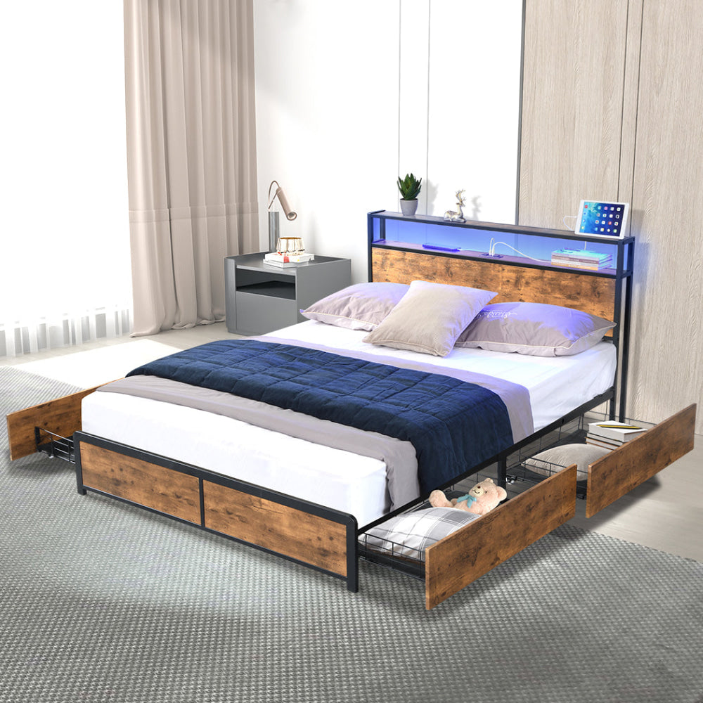 Double Bed Frame With RGB LED Lights 4 Drawers USB Ports And Headboard Storage - Brown Fast shipping On sale