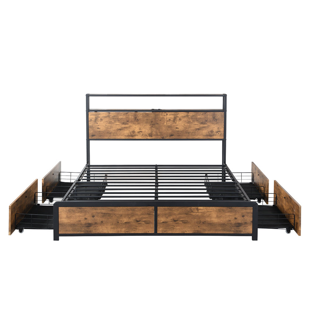 Double Bed Frame With RGB LED Lights 4 Drawers USB Ports And Headboard Storage - Brown Fast shipping On sale