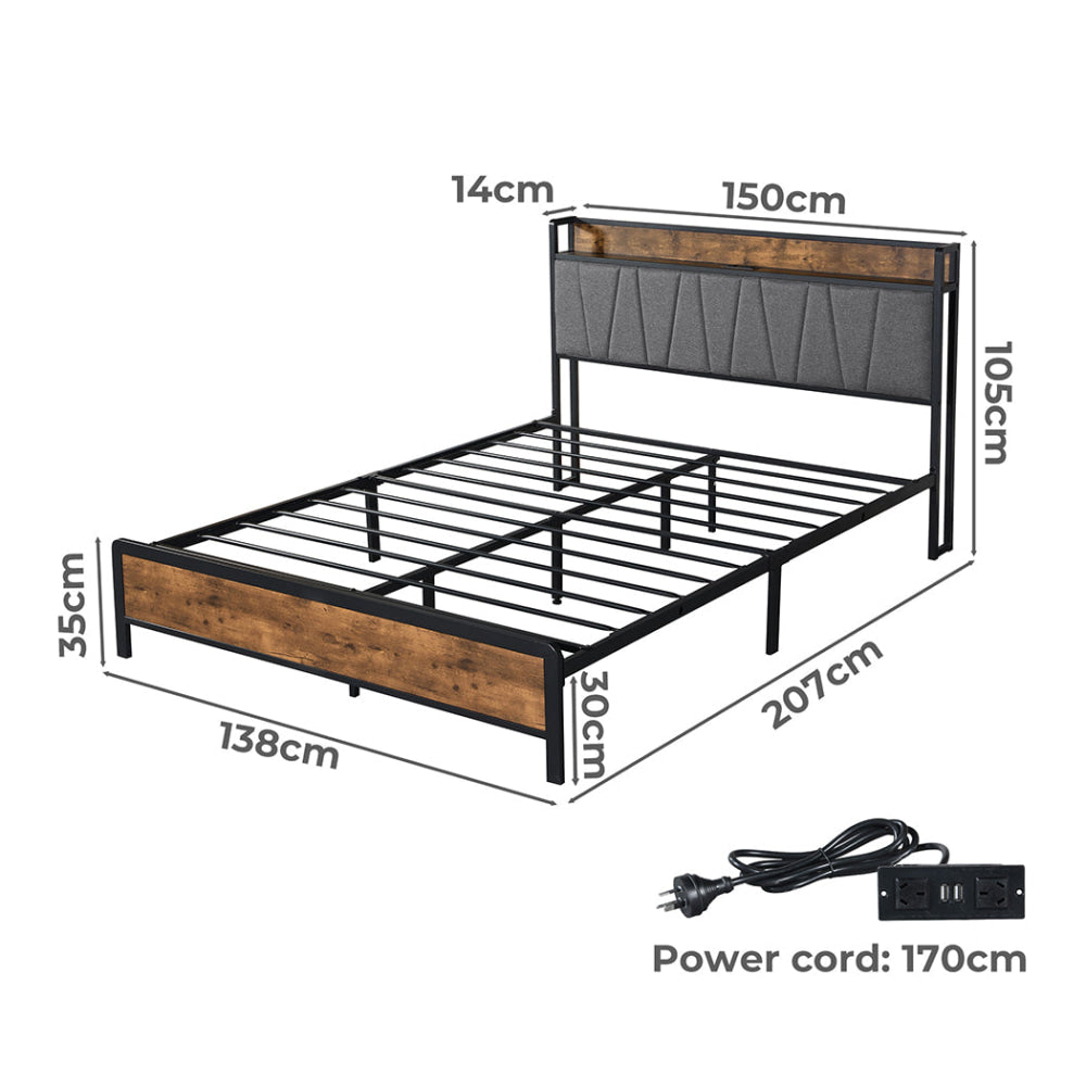 Double Bed Frame With Tufted Headboard USB Charging Ports And Storage - Brown Fast shipping On sale