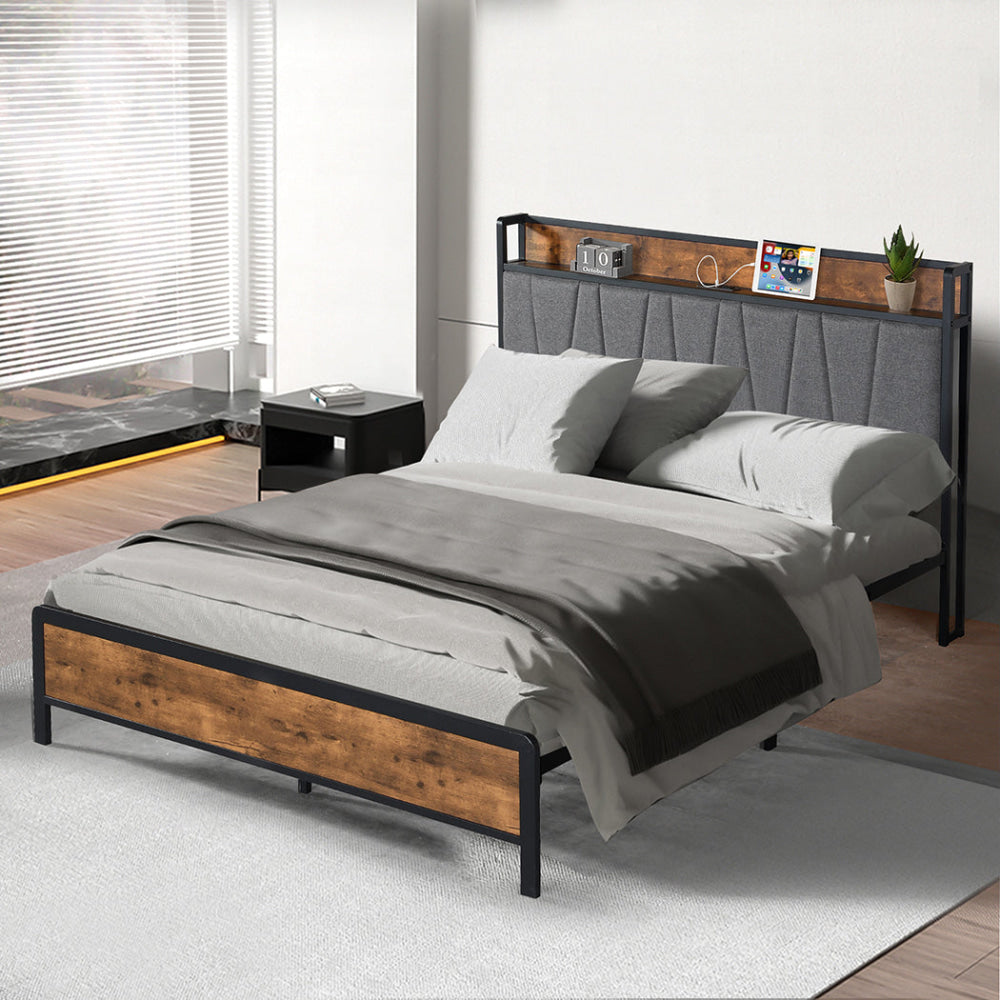 Double Bed Frame With Tufted Headboard USB Charging Ports And Storage - Brown Fast shipping On sale
