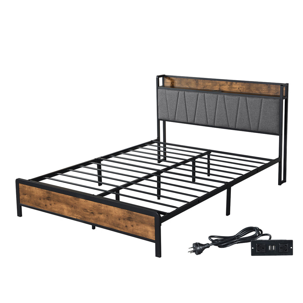 Double Bed Frame With Tufted Headboard USB Charging Ports And Storage - Brown Fast shipping On sale