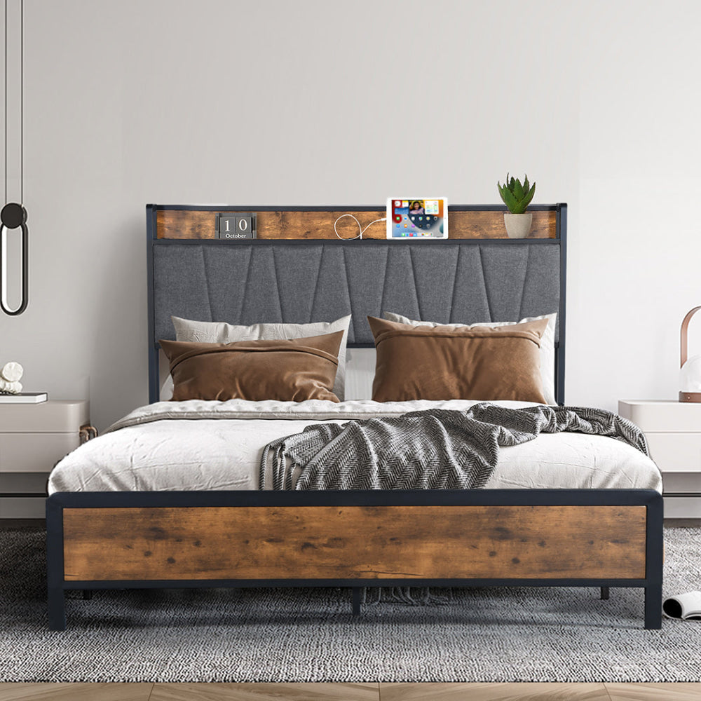Double Bed Frame With Tufted Headboard USB Charging Ports And Storage - Brown Fast shipping On sale