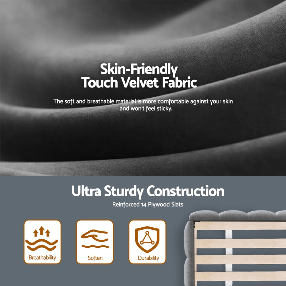 Double Size Bed Frame Plush Soft Headboard Velvet Platform Base for Modern Bedrooms Grey Fast shipping On sale