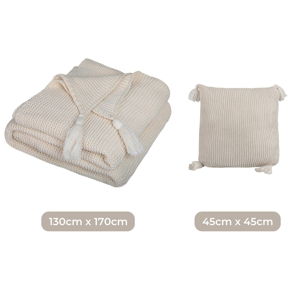 DreamZ Knitting Throw Blanket Cushion Set Pillow Tassel Fringe Sofa Bed Ivory Fast shipping On sale