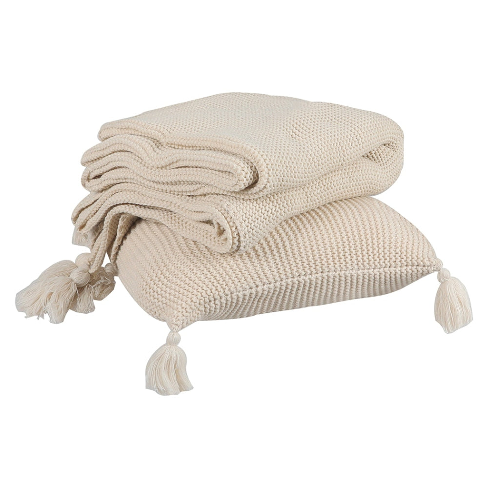 DreamZ Knitting Throw Blanket Cushion Set Pillow Tassel Fringe Sofa Bed Ivory Fast shipping On sale