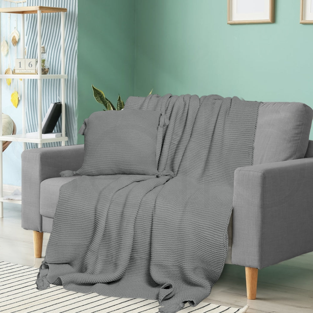 DreamZ Knitting Throw Blanket Cushion Set Pillow Tassel Fringe Sofa Bed Rug Grey Fast shipping On sale
