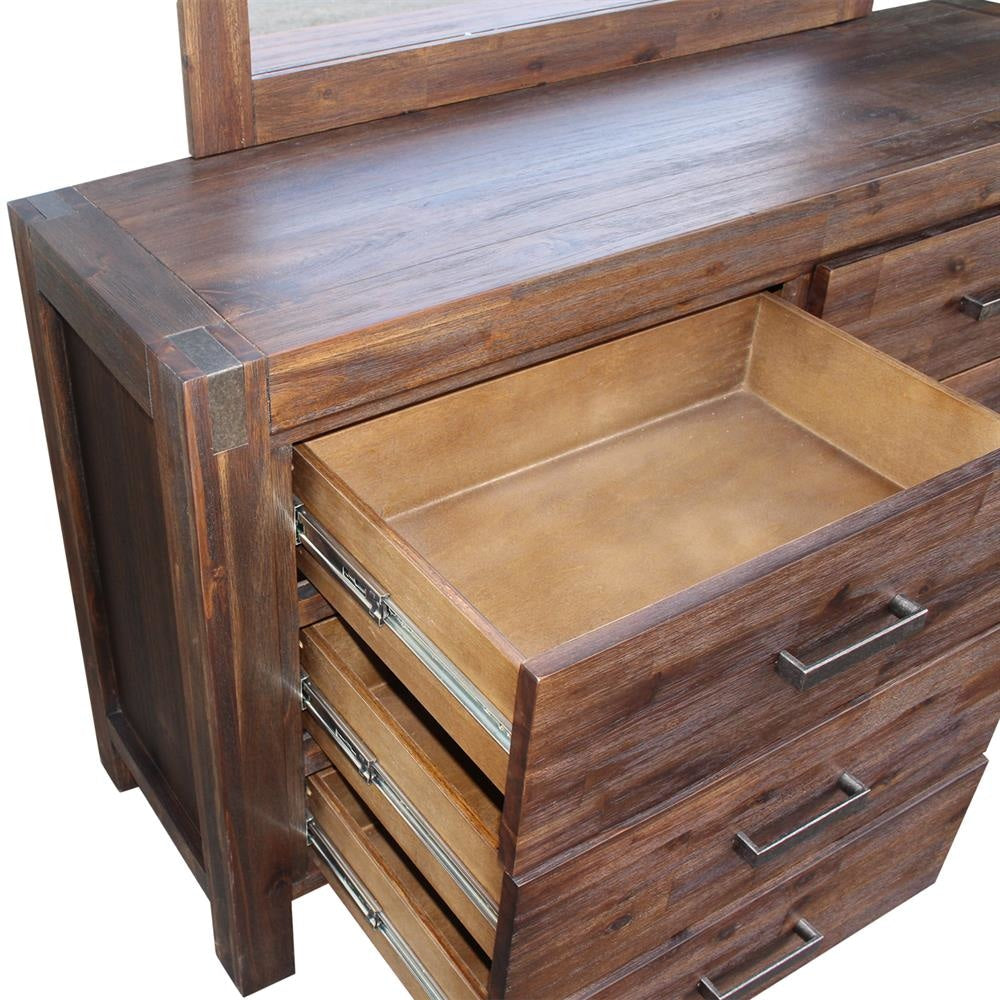 Dresser with 6 Storage Drawers in Solid Acacia & Veneer With Mirror Chocolate Colour Chest Of Fast shipping On sale