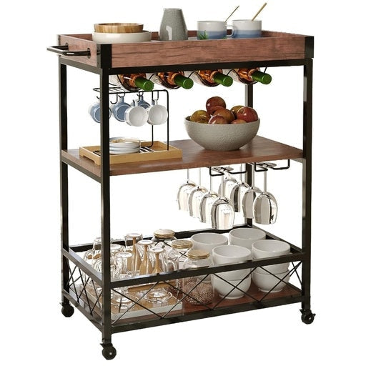 EKKIO 3 Tiers Kitchen Serving Wine Cart Trolley with Rack Walnut Fast shipping On sale