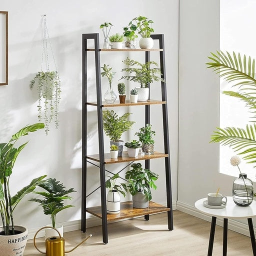 Ekkio 4-Tiers Metal Wood-Grained Ladder Shelf - Black Bookcase Fast shipping On sale