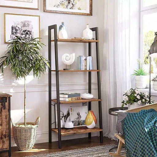 Ekkio 4-Tiers Metal Wood-Grained Ladder Shelf - Black Bookcase Fast shipping On sale