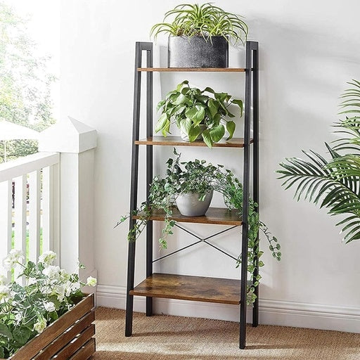 Ekkio 4-Tiers Metal Wood-Grained Ladder Shelf - Black Bookcase Fast shipping On sale