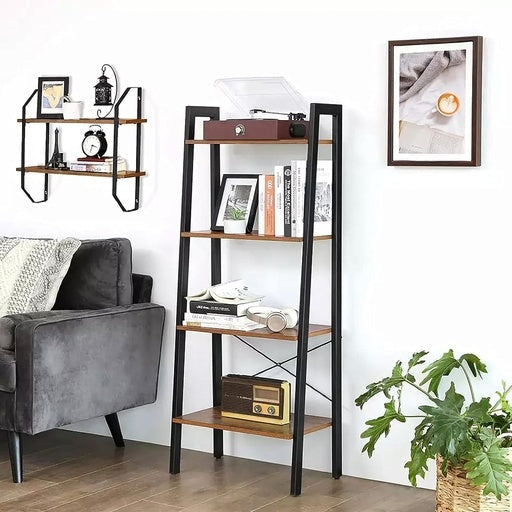 Ekkio 4-Tiers Metal Wood-Grained Ladder Shelf - Black Bookcase Fast shipping On sale