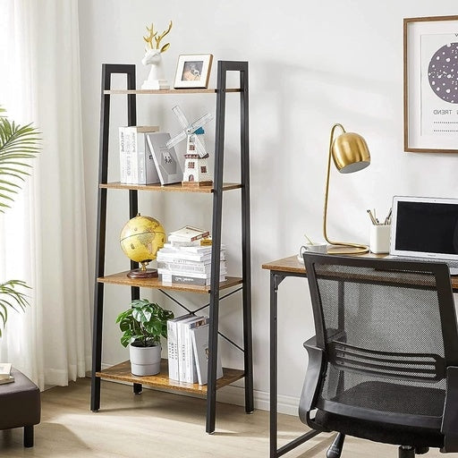 Ekkio 4-Tiers Metal Wood-Grained Ladder Shelf - Black Bookcase Fast shipping On sale